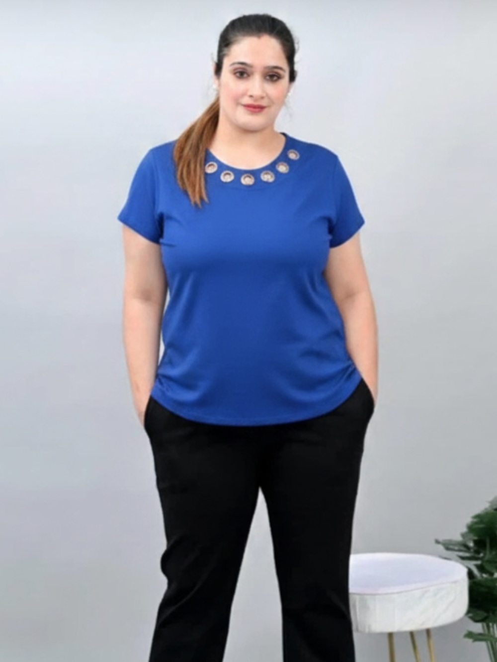 ALIA Blue Eyelet 100% Cotton Button Up Shirt Short Sleeve Blouse XL